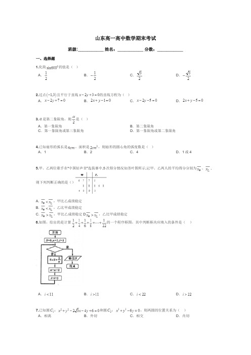 山东高一高中数学期末考试带答案解析