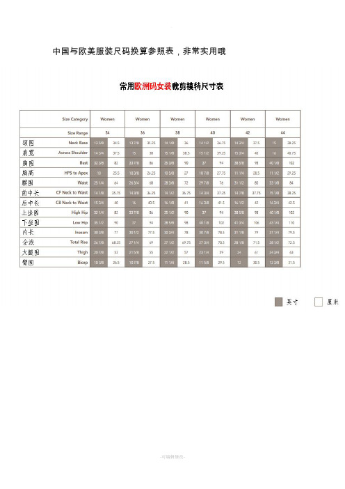 中国与欧美服装尺码换算参照表