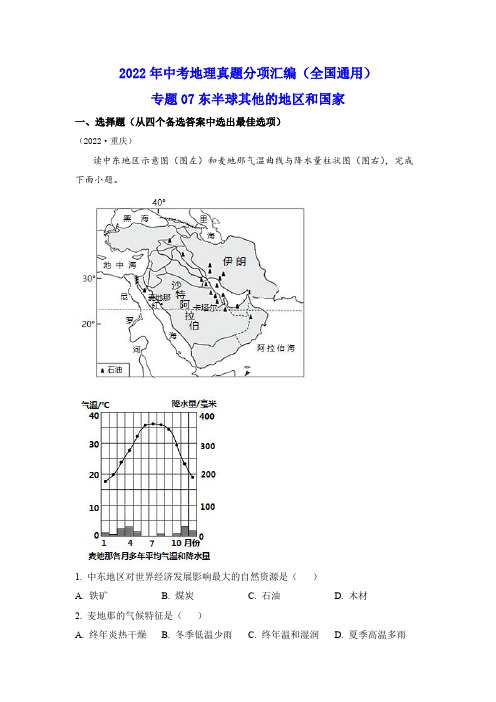 专题07 东半球其他的地区和国家-2022年中考地理真题分项汇编(全国通用)(解析版)