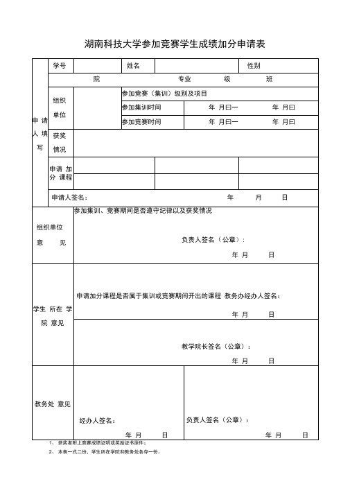 湖南科技大学参加竞赛学生成绩加分申请表