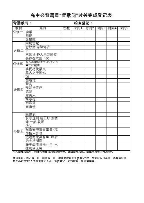 2021浙江高考高中必背篇目“背默问”过关完成登记表