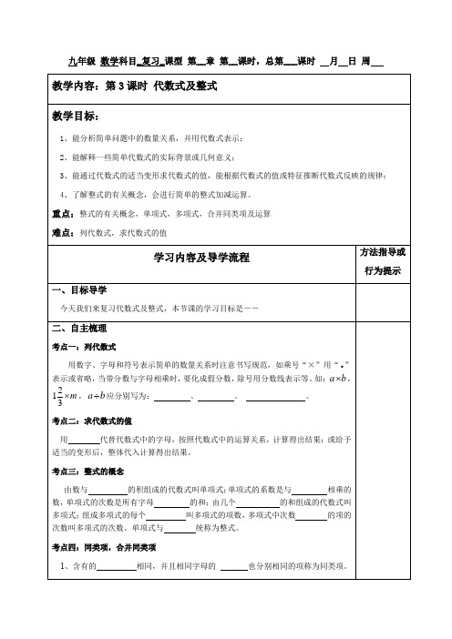 2024年九年级中考数学复习第3课时代数式及整式教案