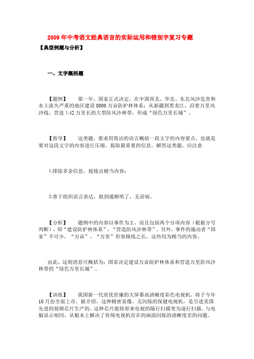 2009年中考语文经典语言的实际运用和错别字复习专题