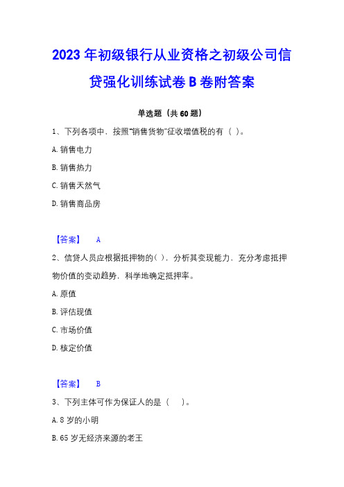 2023年初级银行从业资格之初级公司信贷强化训练试卷B卷附答案