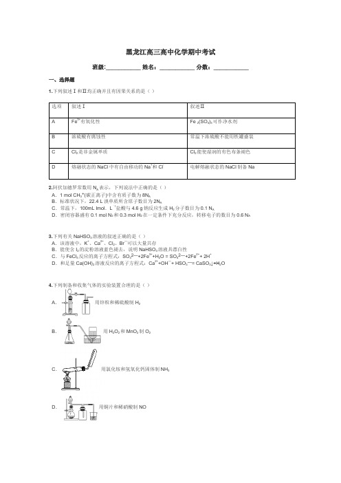 黑龙江高三高中化学期中考试带答案解析
