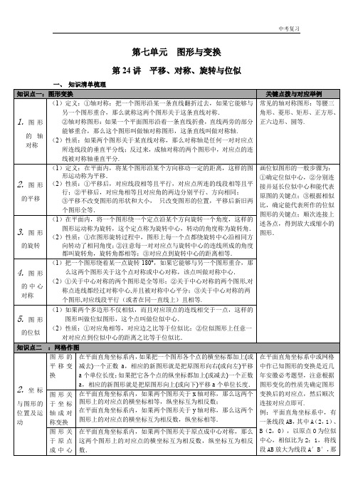 2020年春冀教版九年级数学下册中考知识点梳理第24讲 平移、对称、旋转与位似