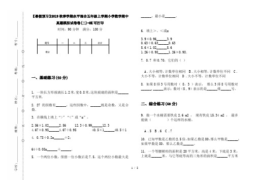 【暑假预习】2019秋季学期水平混合五年级上学期小学数学期中真题模拟试卷卷(二)-8K可打印