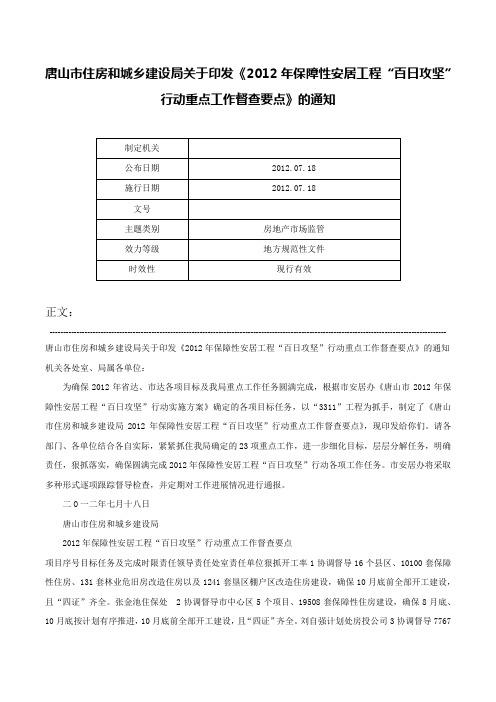 唐山市住房和城乡建设局关于印发《2012年保障性安居工程“百日攻坚”行动重点工作督查要点》的通知-