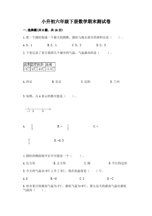 小升初六年级下册数学期末测试卷附参考答案【完整版】