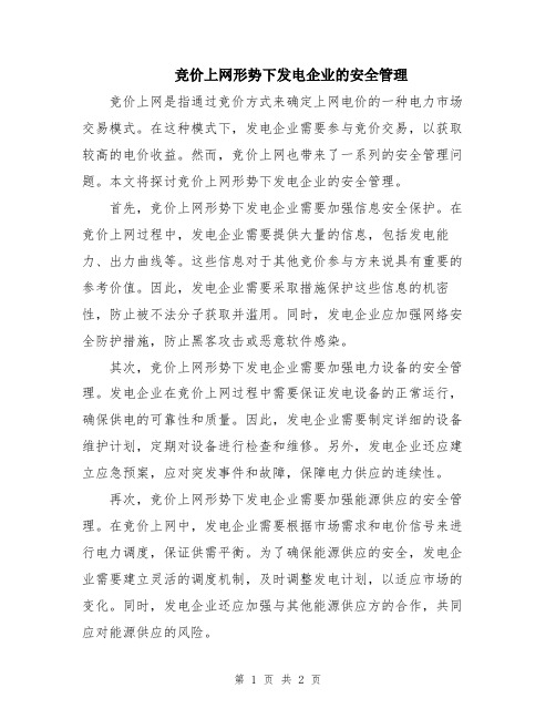 竞价上网形势下发电企业的安全管理