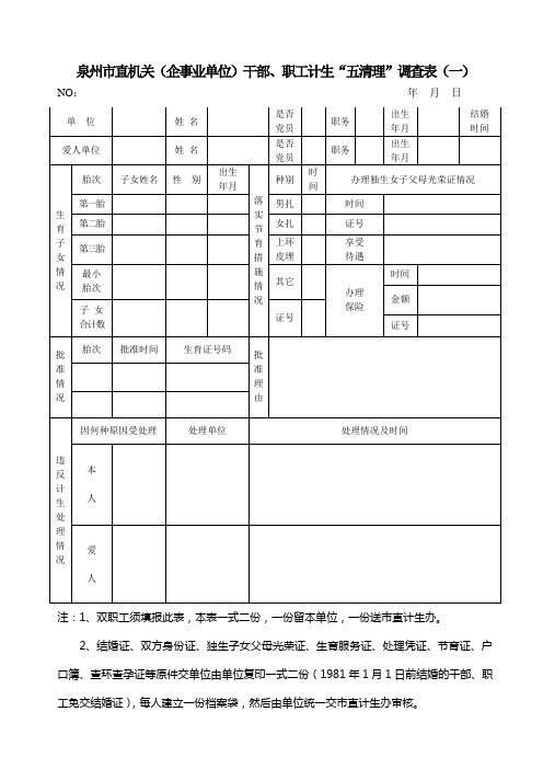 泉州市直机关(企事业单位)干部、职工计生各类表格