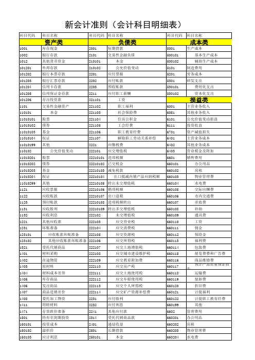 新会计准则下的会计科目明细表