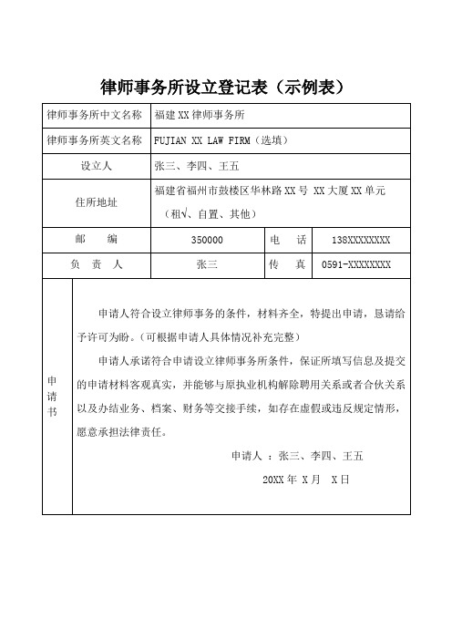 律师事务所设立登记表(样表)