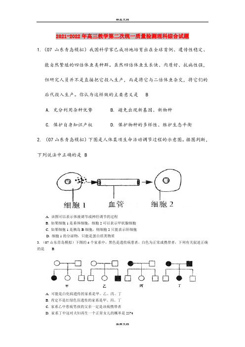 2021-2022年高三教学第二次统一质量检测理科综合试题