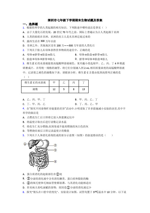 深圳市七年级下学期期末生物试题及答案