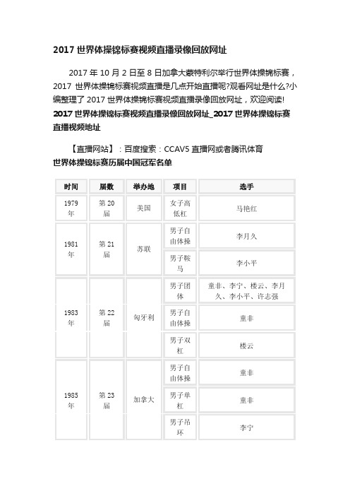 2017世界体操锦标赛视频直播录像回放网址