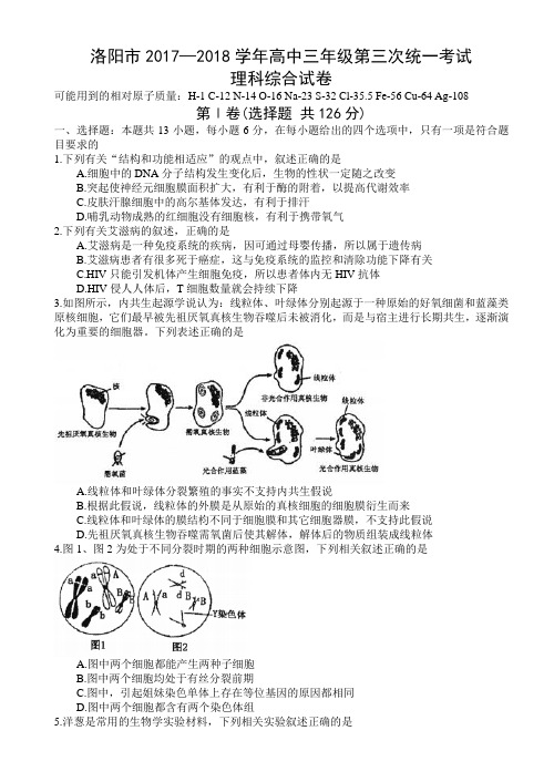 河南省洛阳市2017–2018学年高三第三次模拟考试理科综合试题及答案