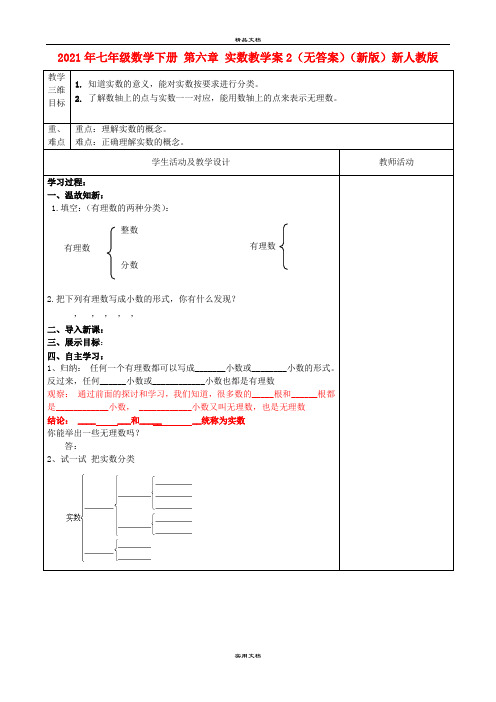 2021年七年级数学下册 第六章 实数教学案(无答案)(新版)新人教版