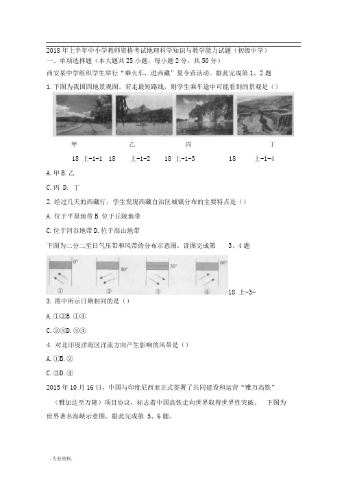 2018年上半年中小学教师资格考试初中地理真题版