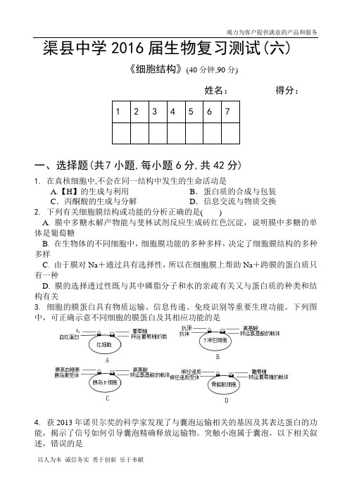 渠县中学2016届生物复习测试(六)