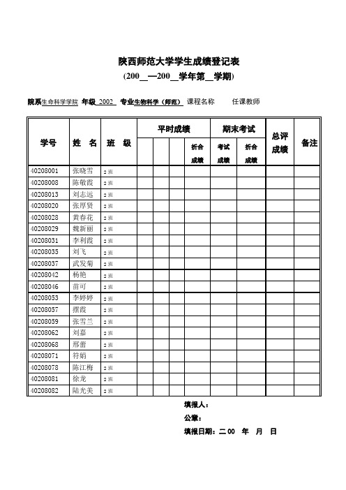 陕西师范大学学生成绩登记表