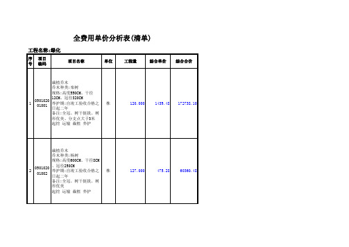 全费用单价分析表清单