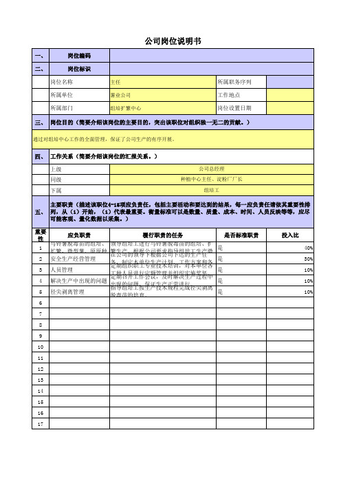 央企薯业公司岗位说明书职责组培中心主任