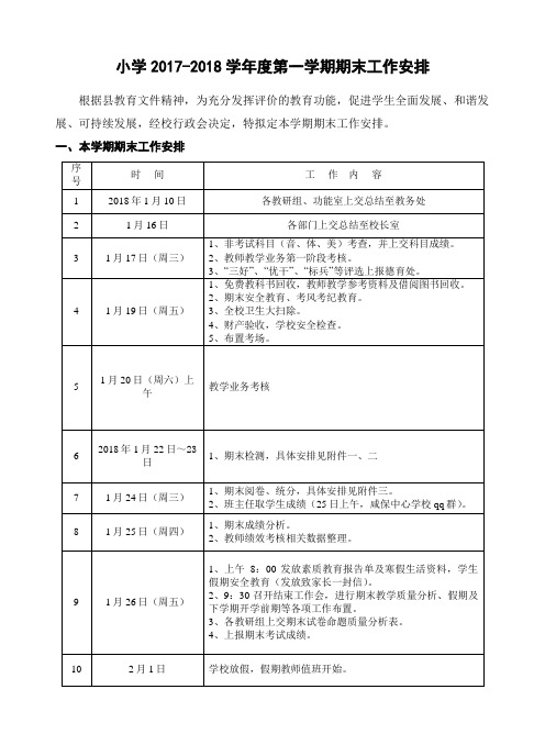 小学2017-18学年度第一学期期末工作安排