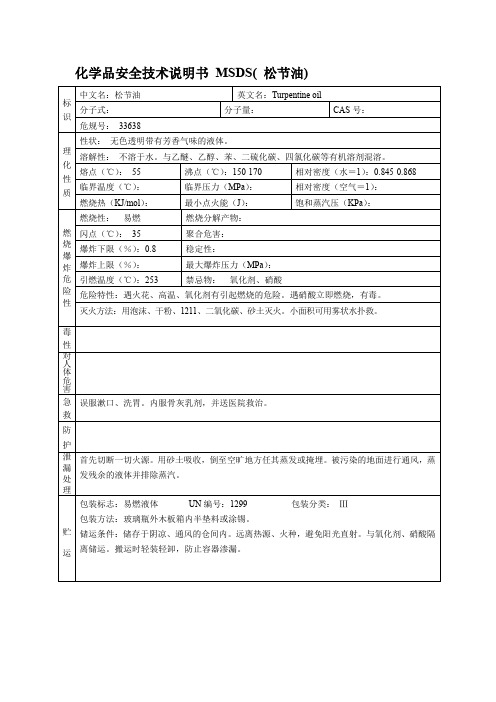 化学品安全技术说明书 MSDS( 松节油)