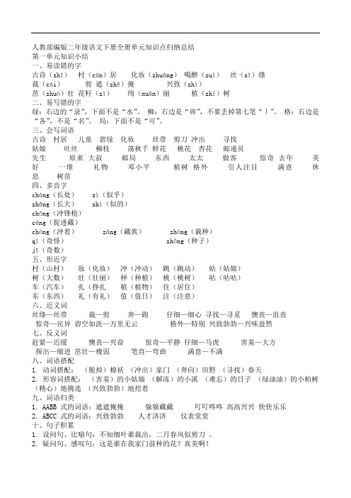 【部编人教版】 二年级下册语文：全册单元知识点归纳总结(Word版,10页)