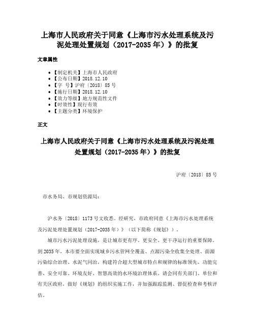 上海市人民政府关于同意《上海市污水处理系统及污泥处理处置规划（2017-2035年）》的批复