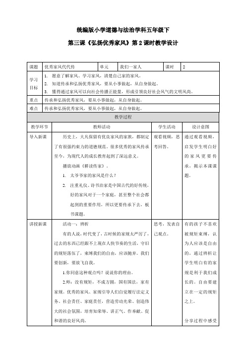  部编版小学道德与法治五年级下册第3课《弘扬优秀家风》第二课时教案