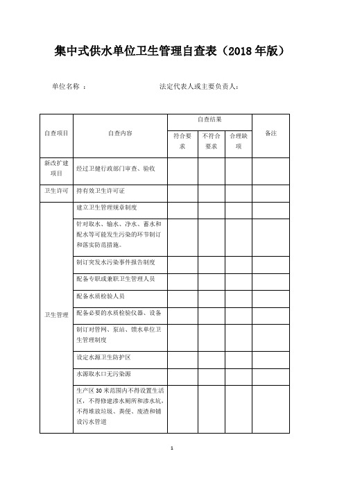 集中式供水单位卫生管理自查表(2018年版)