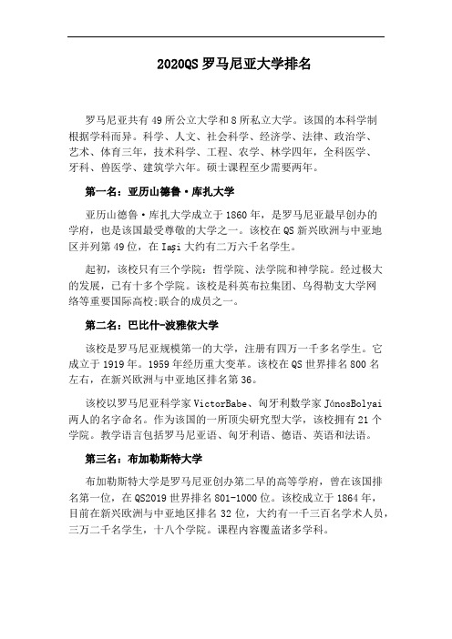 2020QS罗马尼亚大学排名