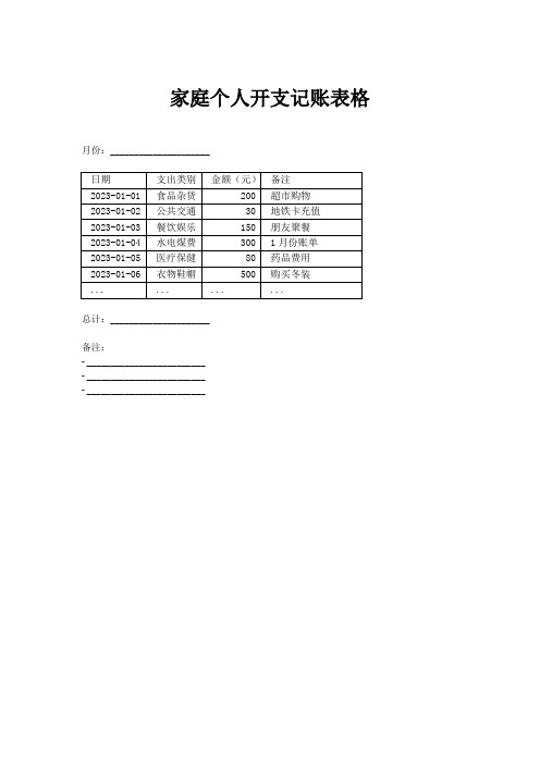 家庭个人开支记账表格模板