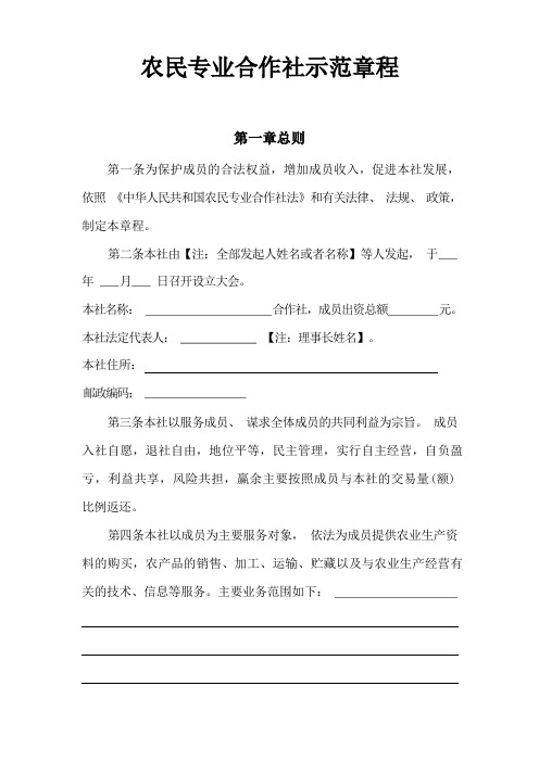 农民专业合作社示范章程(不设理事会、不设执行监事)