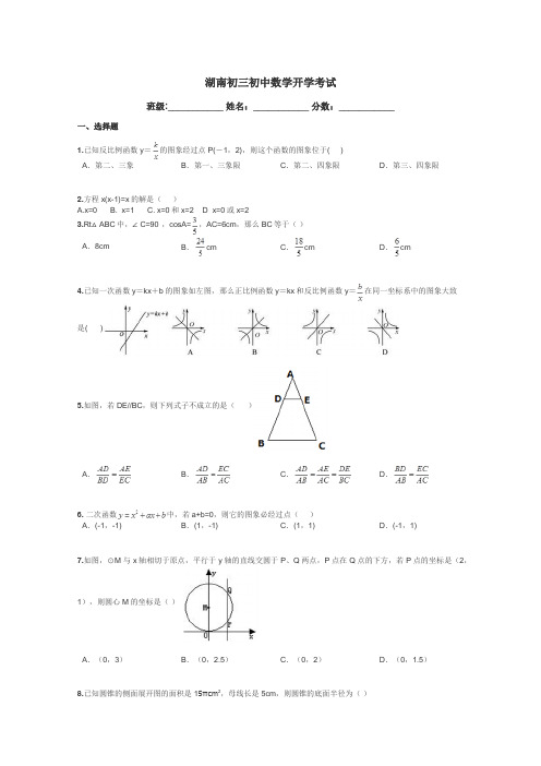 湖南初三初中数学开学考试带答案解析
