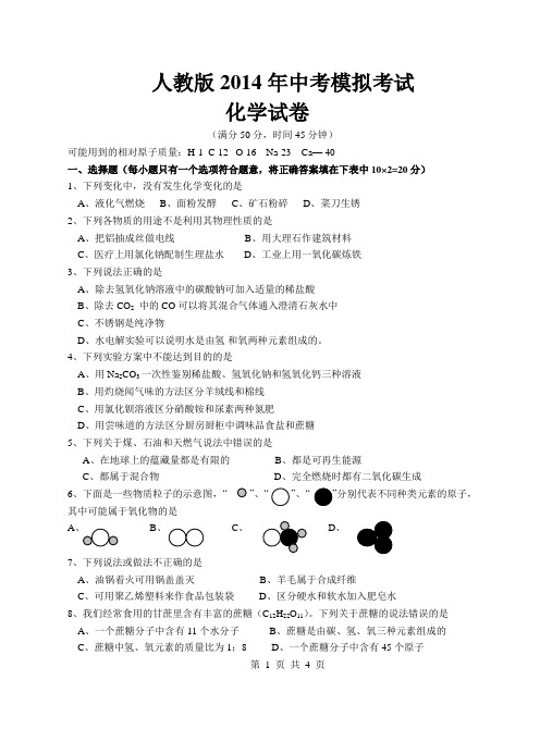 人教版2014年中考适应性考试化学试题