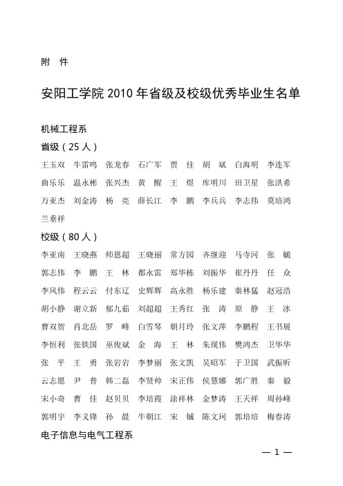 安阳工学院2010年省级及校级优秀毕业生名单