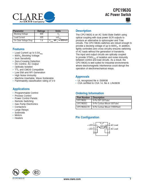 光电耦合AC固态开关CPC1963GSTR数据表说明书