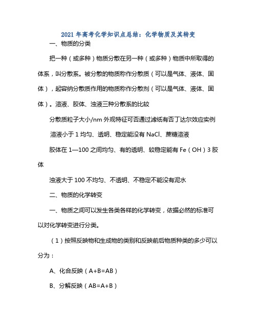 2021年高考化学知识点总结化学物质及其转变