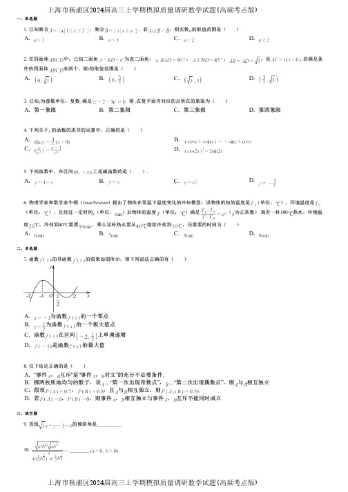 上海市杨浦区2024届高三上学期模拟质量调研数学试题(高频考点版)