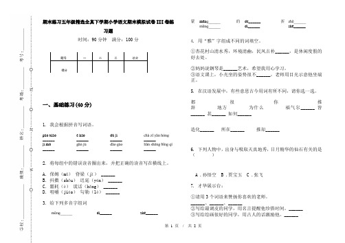 期末练习五年级精选全真下学期小学语文期末模拟试卷III卷练习题