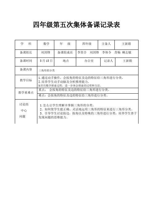 四年级第五次集体备课记录表