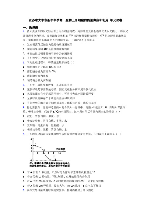 江苏省大丰市新丰中学高一生物上册细胞的能量供应和利用 单元试卷