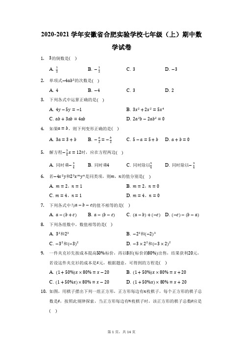 2020-2021学年安徽省合肥实验学校七年级(上)期中数学试卷(附答案详解)