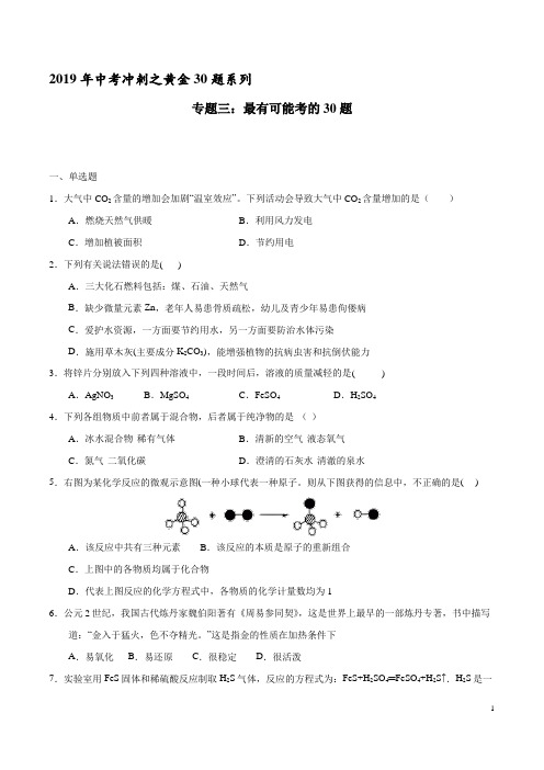 专题03 最有可能考的30题-2019年中考化学走出题海之黄金30题系列(原卷版)