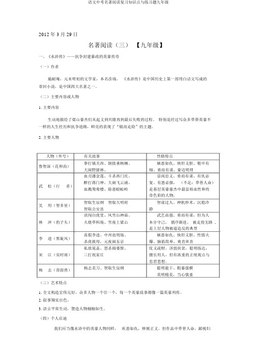 语文中考名著阅读复习知识点与练习题九年级