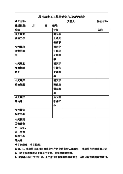 工程项目部员工工作日计划与总结管理表