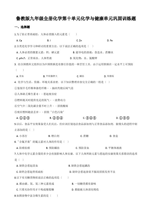 鲁教版九年级全册化学第十单元化学与健康单元巩固训练题